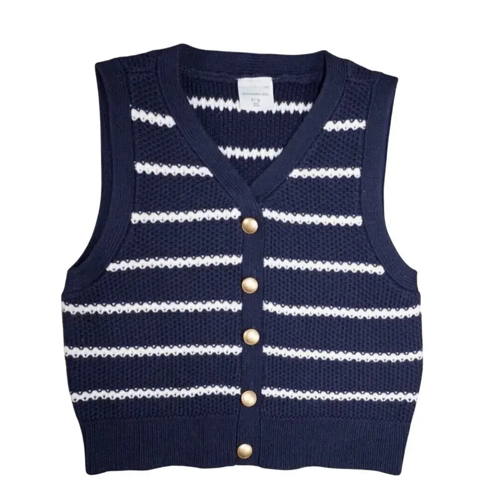 Abercrombie Kids Striped Sweater Vest Navy White Button Front Preppy 9/10
